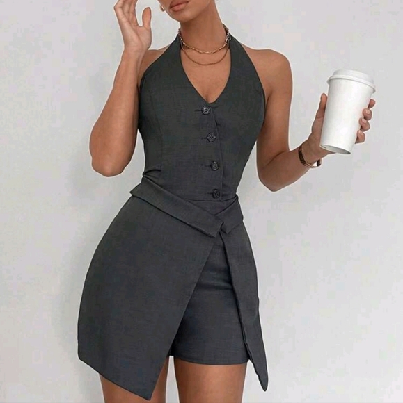 Pants - Women's Halter Neck Grey Grayish Jumpsuit Romper, Suitable For Casual